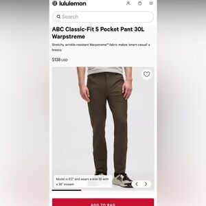 NWT Men’s Lululemon ABC Classic-Fit Pant 30” L Warpstreme
